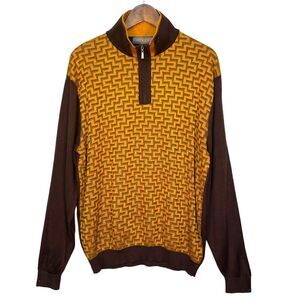 Venezzi 1/4 Zip Sweater Men‎ Size XL Brown Gold Long Sleeve High Neck Wool VTG